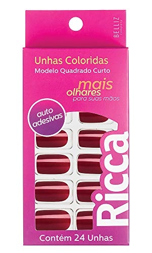 Unhas Postiças Ricca Auto Adesivas Quadrado Curto Vermelho Tinto