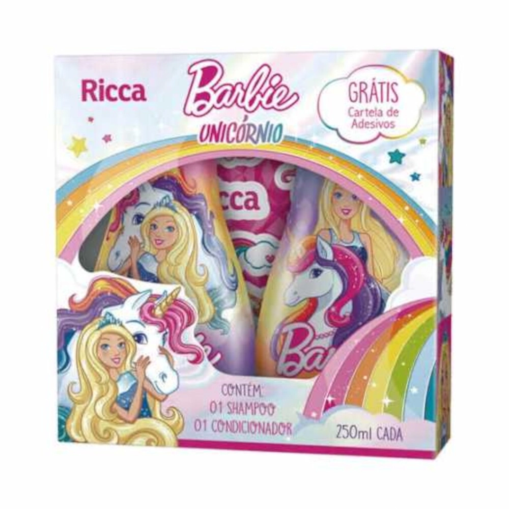 Kit Shampoo Condicionador Infantil Barbie Unicórnio Ricca 250ml Cada Grátis Cartela De Adesivos