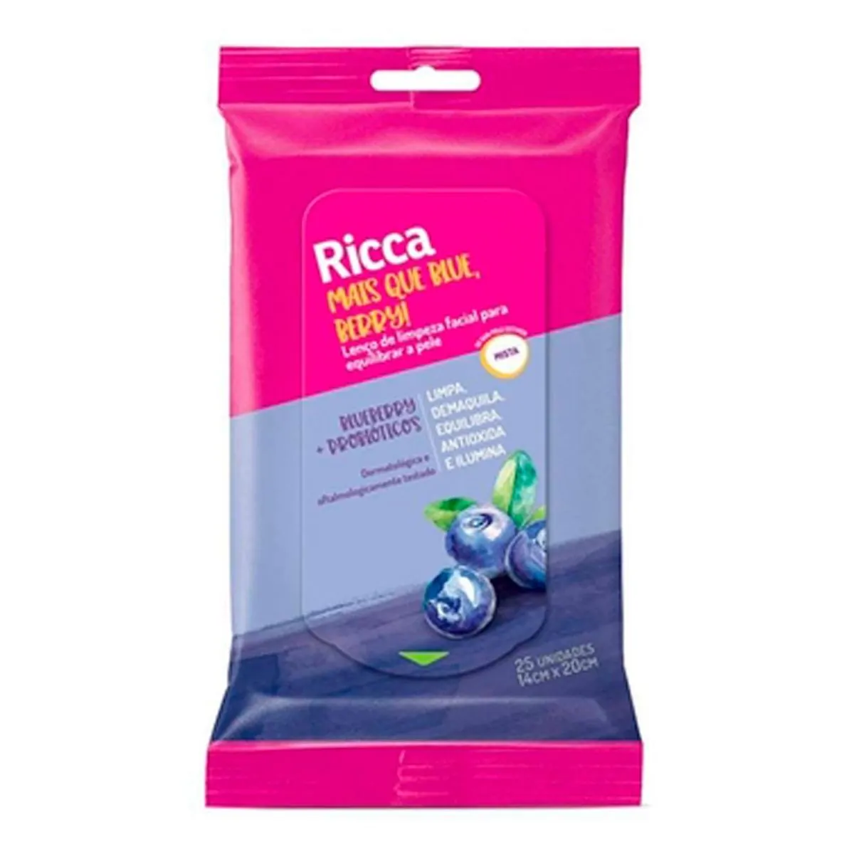 Lenço De Limpeza Facial Ricca Mais Que Blue, Berry Com 25 Unidades
