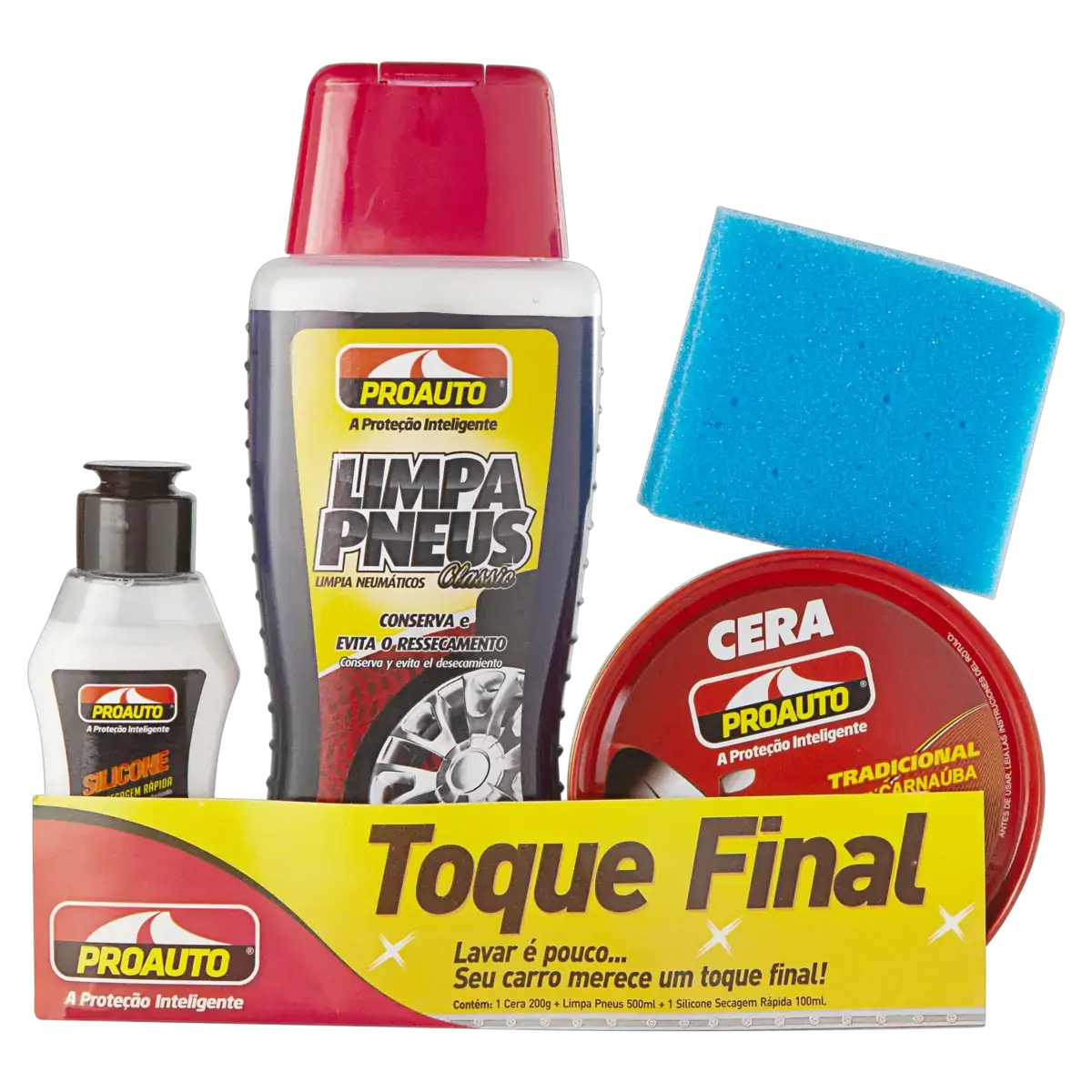 Kit Cera Em Pasta 200g Limpa Pneus Ultra Brilho 500ml Silicone 120ml Proauto Toque Final Grátis Espo