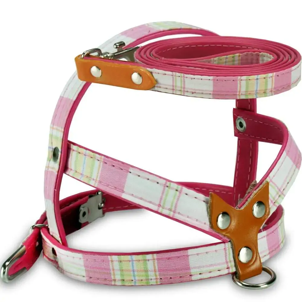 Peitoral Com Guia Amf Cães Xadrez Rosa