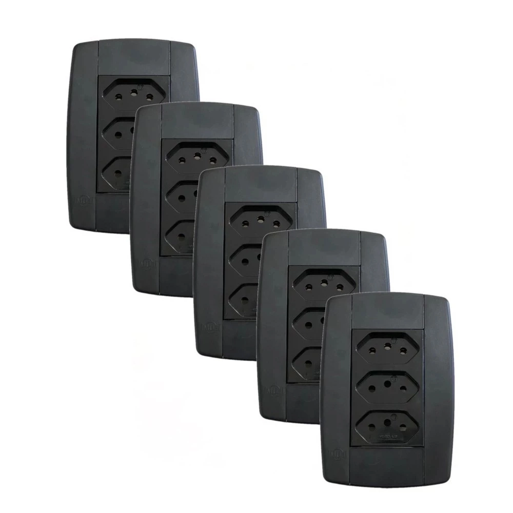 Kit 5 Conjunto 3 Tomadas Preta Monobloco 2p+t 20a 250v 4x2