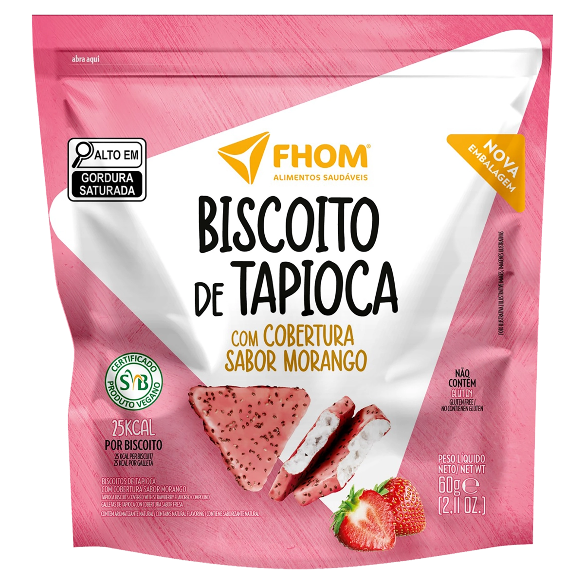 Biscoito De Tapioca Cobertura Morango Fhom Pouch 60g