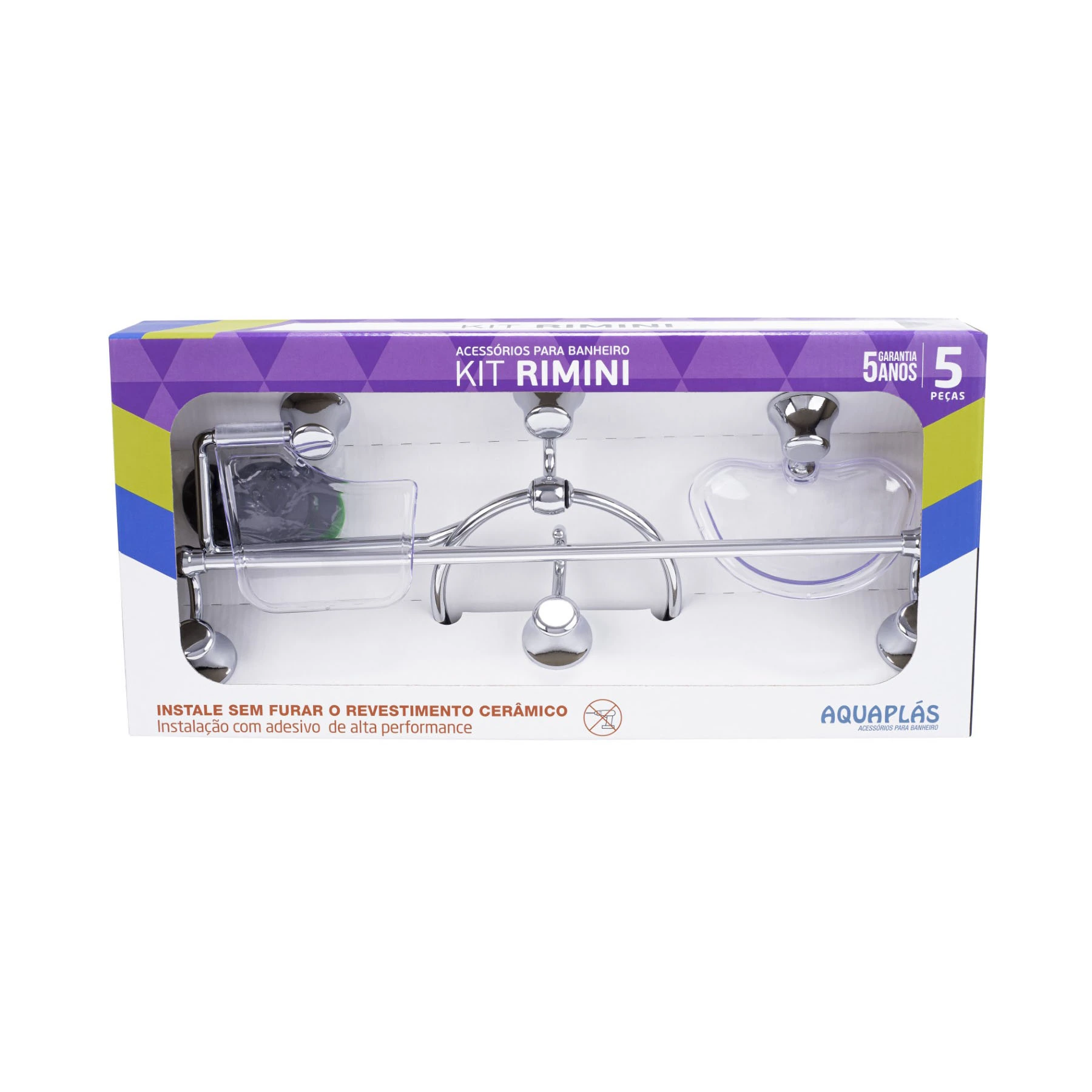 Kit Acessórios de Parede para Banheiro 5 Peças em Resina Termoplástica Cromado e Transparente Rimini Aquaplas