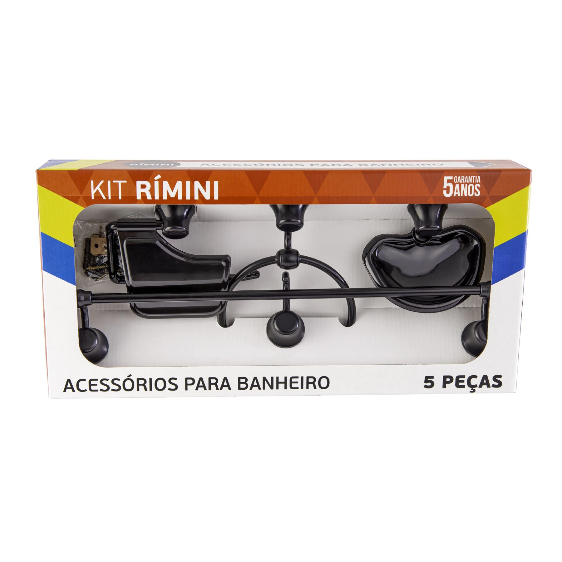 Kit Acessórios de Parede para Banheiro 5 Peças em Resina Termoplástica Preta Rimini Aquaplas
