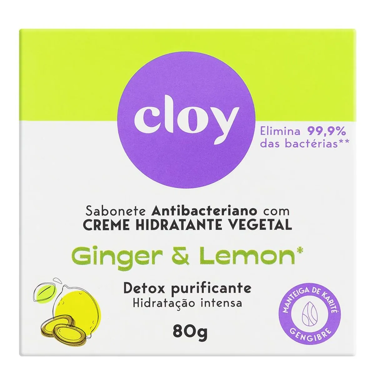 Sabonete Barra Antibacteriano Vegetal Ginger Lemon Cloy Detox Purificante Caixa 80g