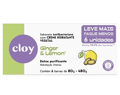 Pack Sabonete Barra Antibacteriano Vegetal Ginger Lemon Cloy Detox Purificante Caixa 6 Unidades 80g