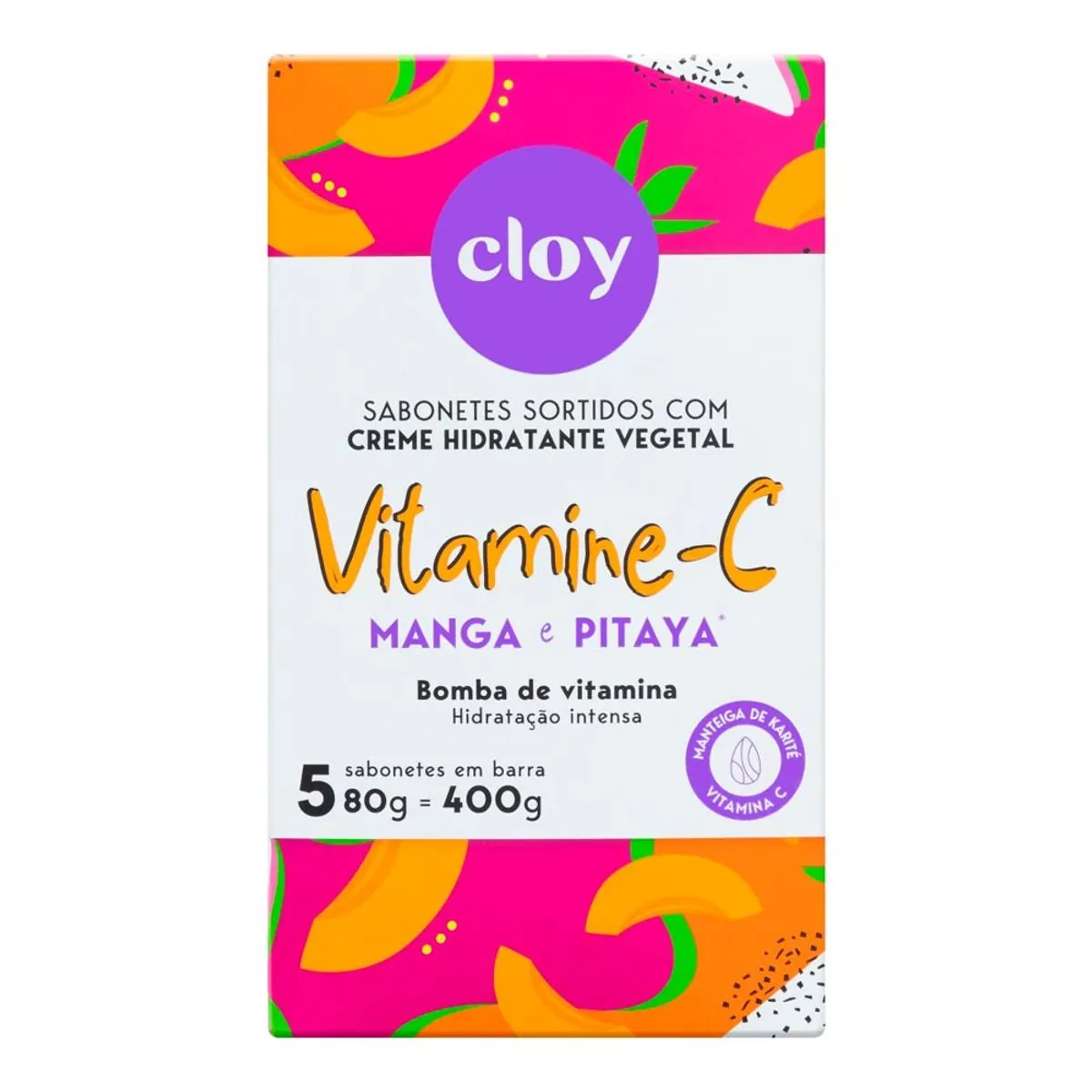 Pack Sabonete Barra Hidratante Vegetal Manga E Pitaya Cloy Bomba De Vitamina Caixa 400g 5 Unidades