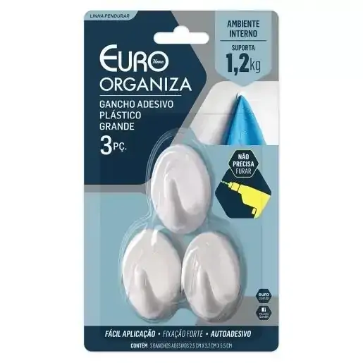 Gancho Adesivo Plastico Grande 3 Peças Euro Home