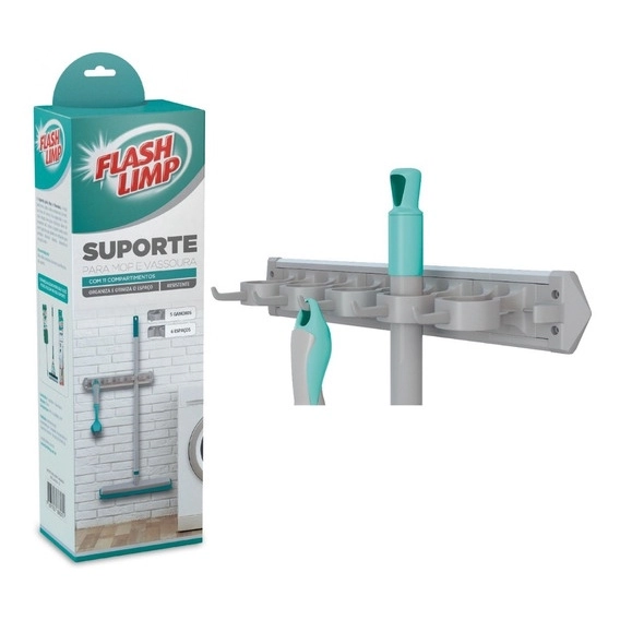 Suporte para Mop e Vassoura com 11 Compartimentos Cinza FlashLimp LAV6286-CZ