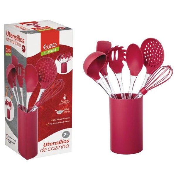 Conjunto De Utensílios De Silicone Com Cabo Inox 7 Peças Vermelho Euro Home