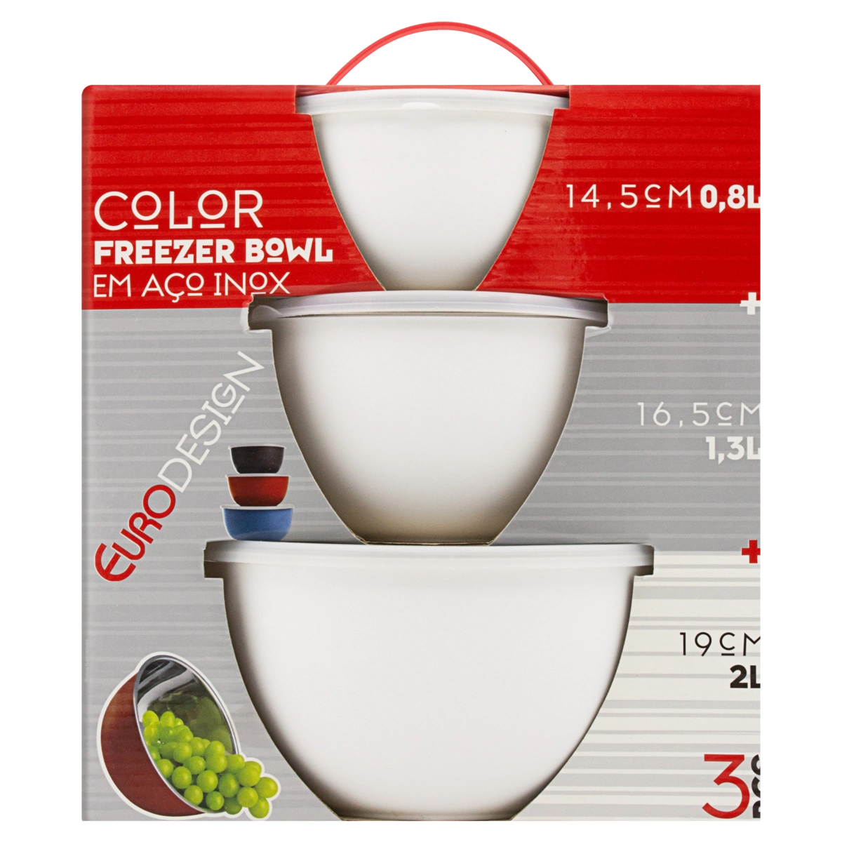 Conjunto Tigela Inox Freezer Bowl Euro Design Color 3 Peças