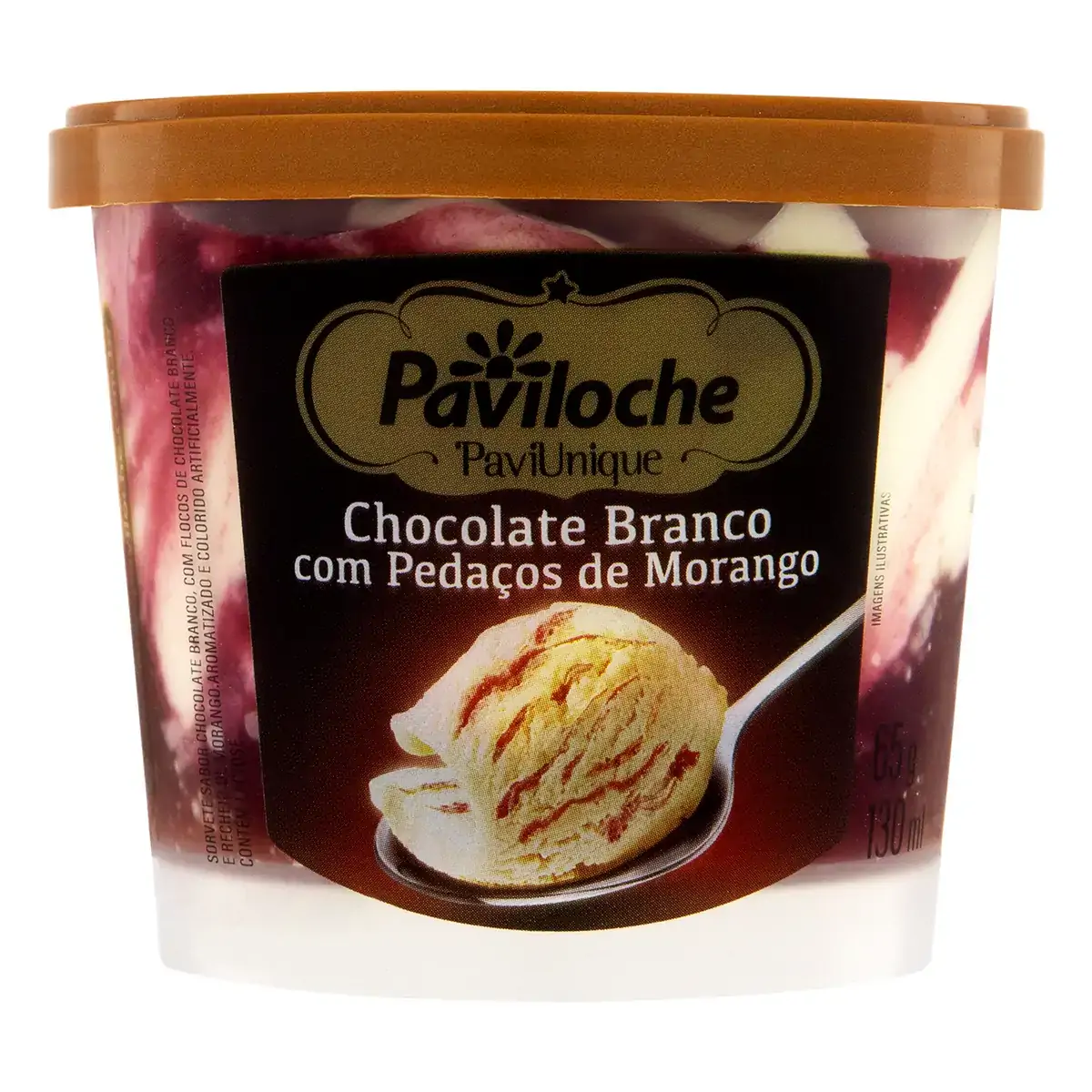 Sorvete Chocolate Branco Com Pedaços De Morango Paviloche Paviunique Pote 130ml