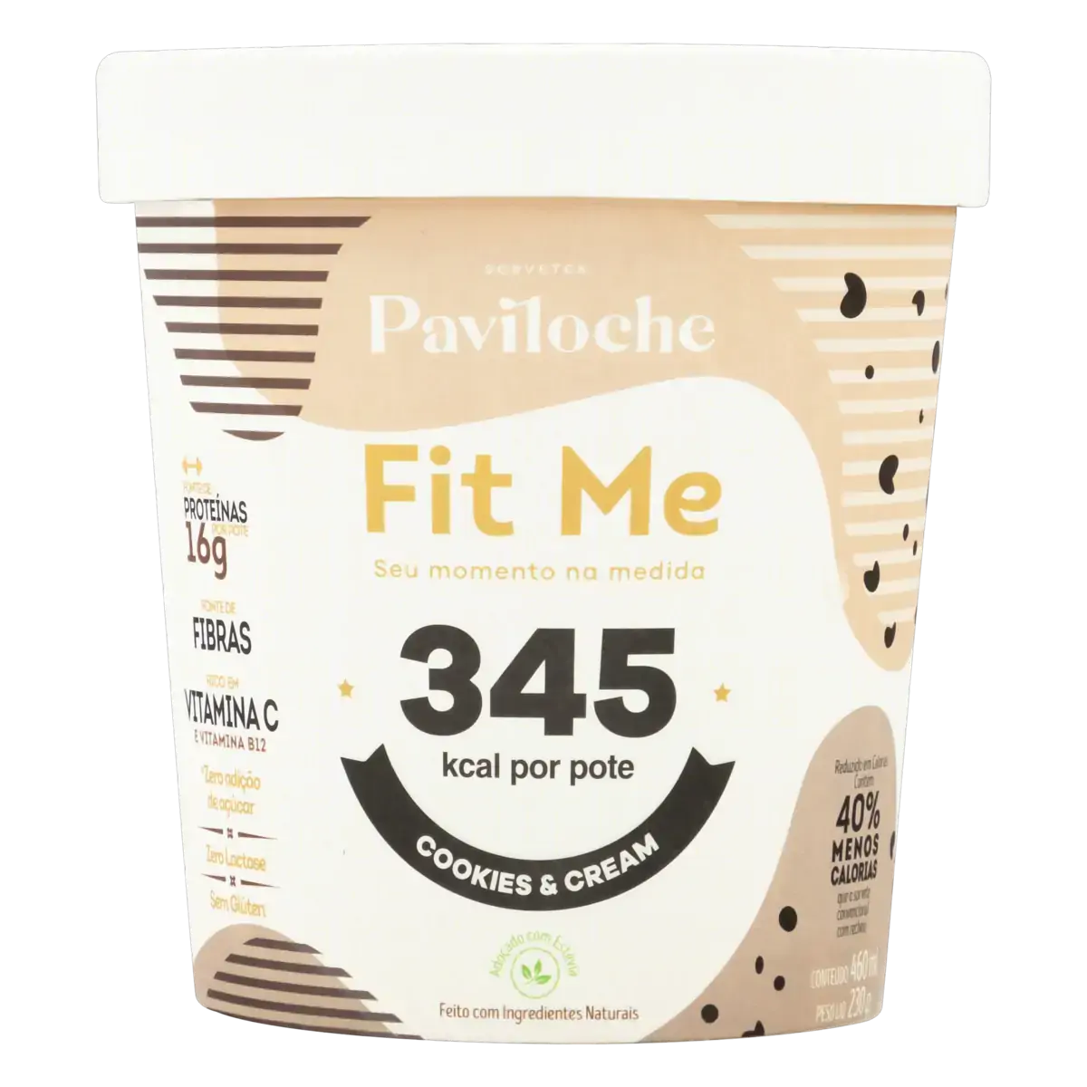 Sorvete Cookies Cream Zero Lactose Paviloche Fit Me Pote 460ml