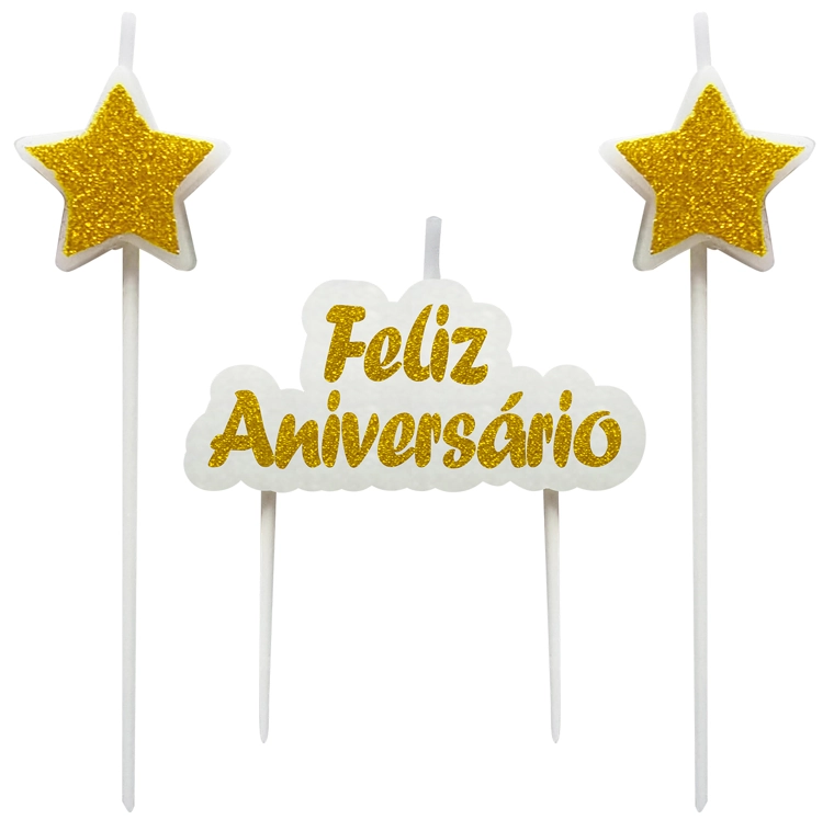 Vela Topo Bolo Feliz Aniversario Estrela Ouro 3un 4654 Make