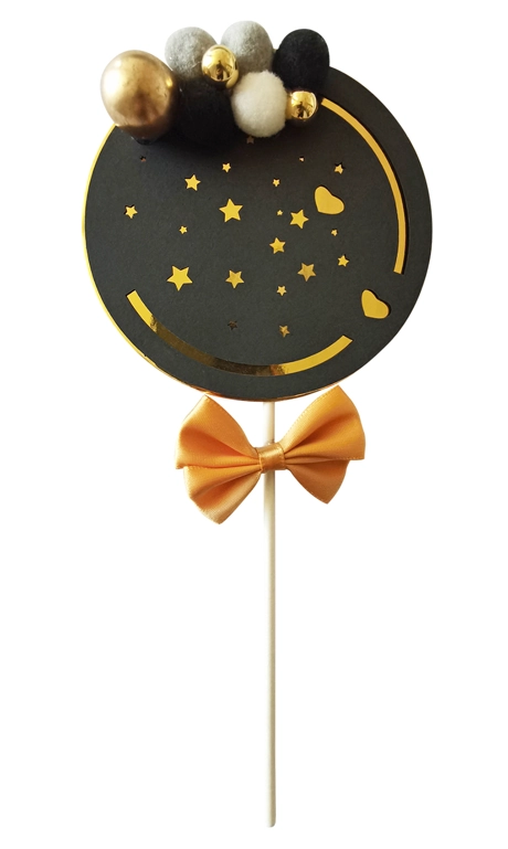 Topo Bolo Pom Pom Preto Dourado 10.5x24cm 4842 Make