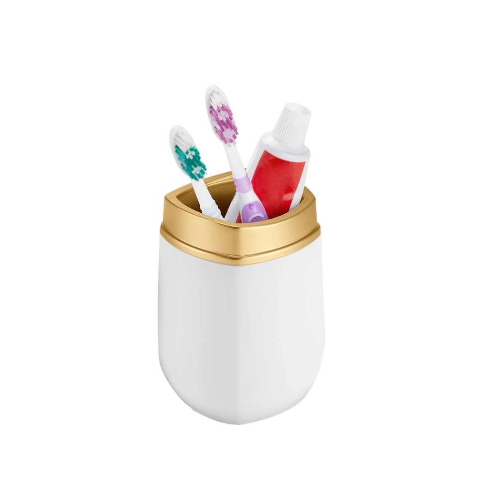 Porta Escova de Dente de Bancada para Banheiro Plástico Branco e Dourado Conceito Arthi