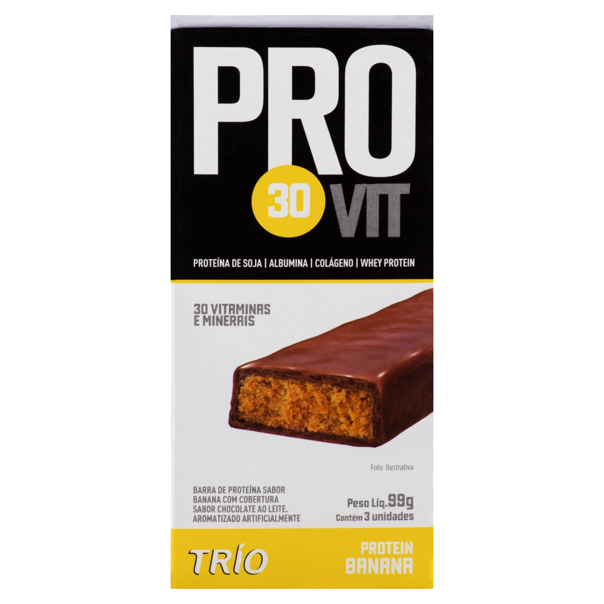Barra De Proteína Banana Com Cobertura De Chocolate Ao Leite Trio Pro30vit Caixa 99g 3 Unidades