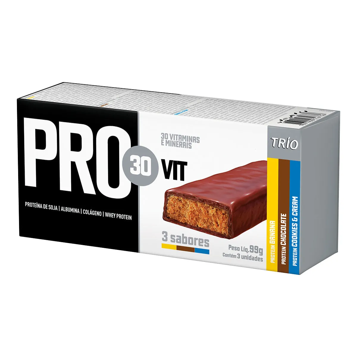 Barra de Proteína Sabor Banana, Chocolate e Cookies &amp; Cream Trío Pro 30 Vit 99g