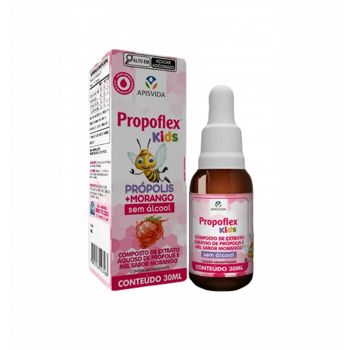 Composto De Mel E Extrato De Própolis Aquoso Infantil Morango Gotas Apis Vida Propoflex Caixa 30ml