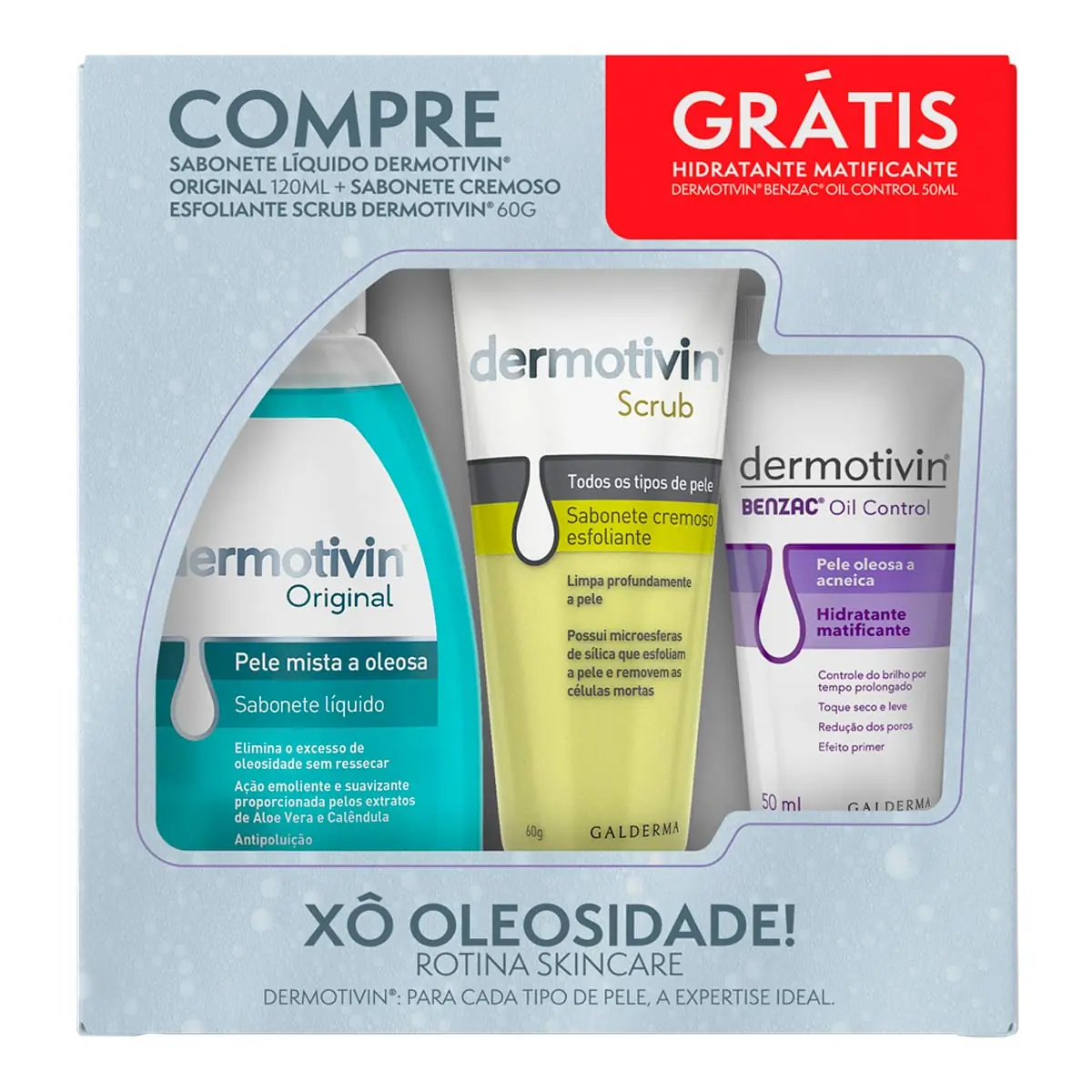 Kit Dermotivin Sabonete Original 120ml + Scrub 60g + Benzac Oil Control 50ml