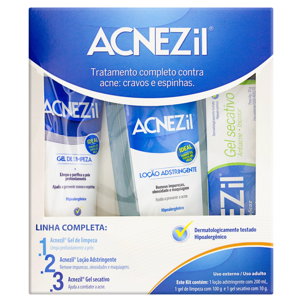 Kit Gel De Limpeza 100g Loção Adstringente 200ml Gel Secativo 10g Acnezil
