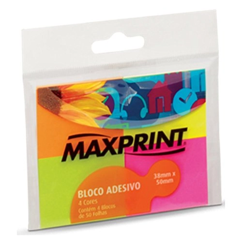 Bloco Adesivo Maxprint Pequeno 4 Blocos 38x50mm Amarelo/ Verde / Rosa/ Laranja