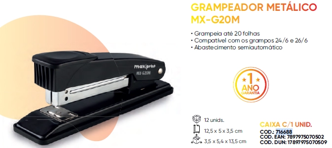 Grampeador Metalico Semiautomatico Compacto Maxprint Mx G20m 20 Folhas 1 Pc