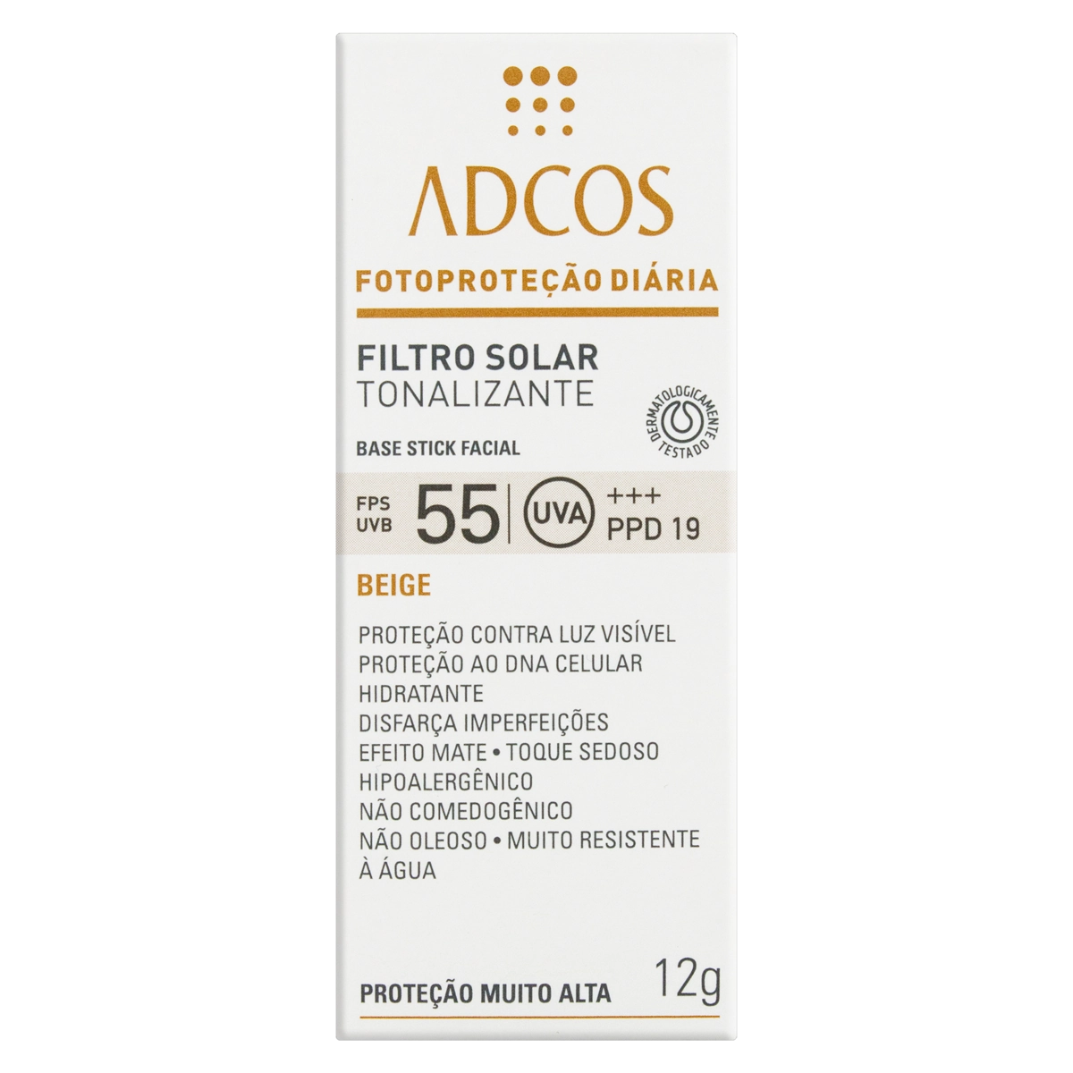 Protetor Solar Tonalizante Base Stick Facial Fps 55 Beige Adcos Caixa 12g