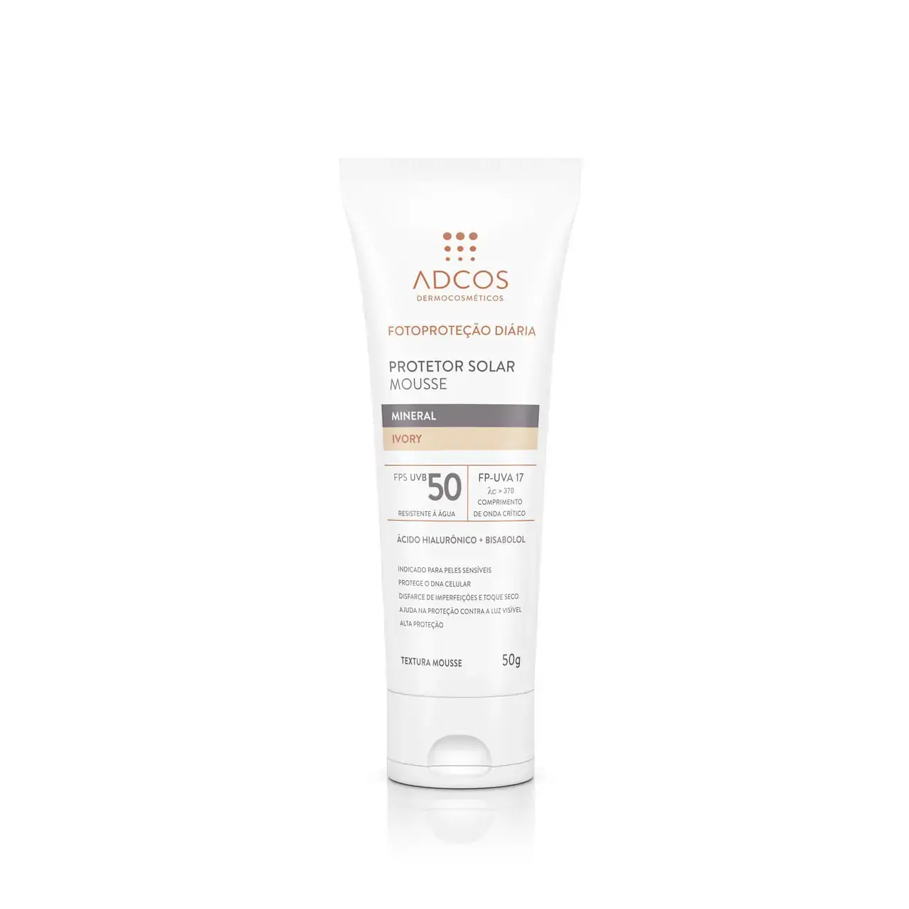 Protetor Solar Facial Adcos Mousse Mineral Fps Uvb 50 Ivory 50g