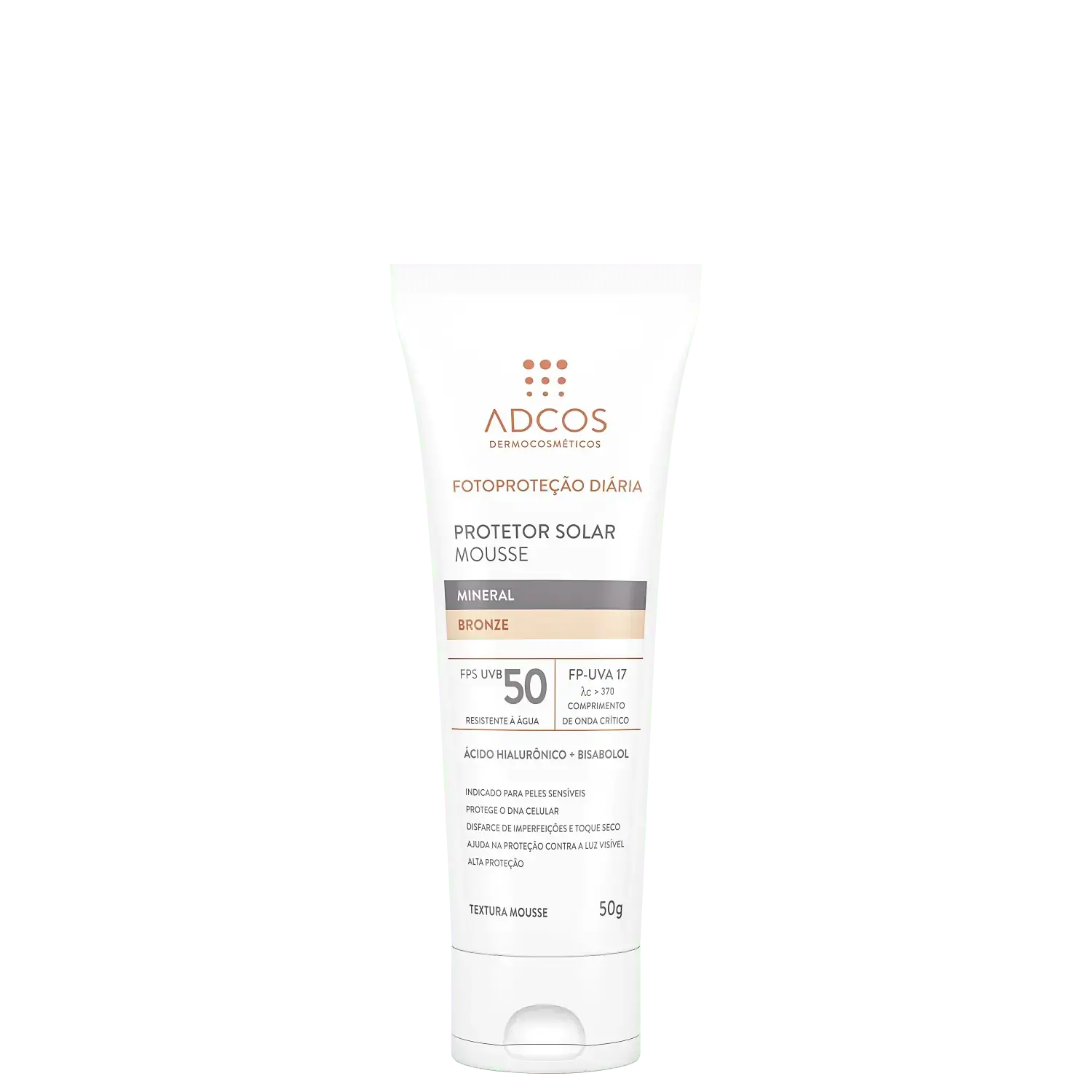 Protetor Solar Facial Adcos Mousse Mineral Fps Uvb 50 Bronze 50g