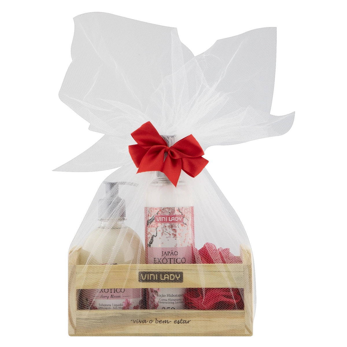Kit Sabonete Líquido 370ml Loção Hidratante 350g Japão Exótico Bucha Sintética Vini Lady