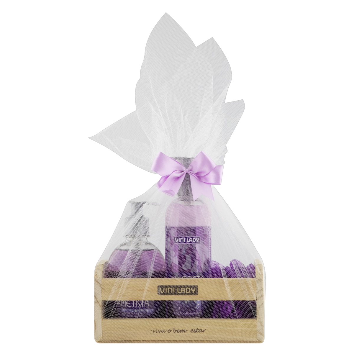 Kit Sabonete Líquido 370ml Loção Hidratante 350g Ametista Bucha Sintética Vini Lady