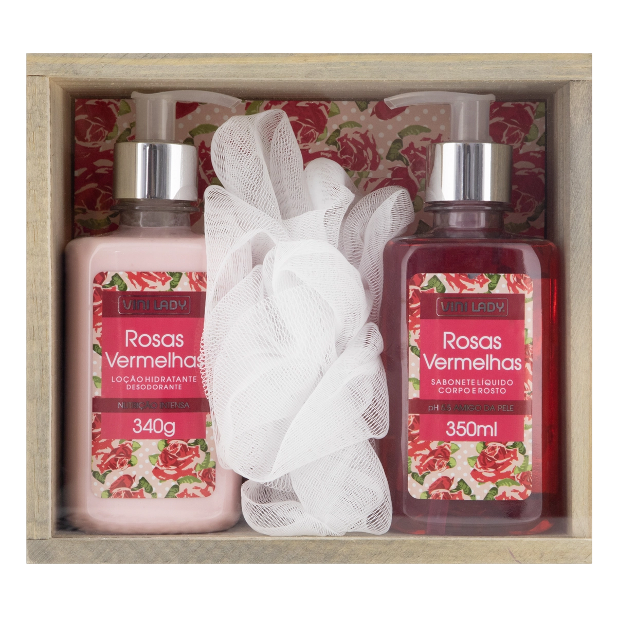 Kit Sabonete Líquido 350ml Loção Hidratante 340g Rosas Vermelhas Bucha Sintética Vini Lady