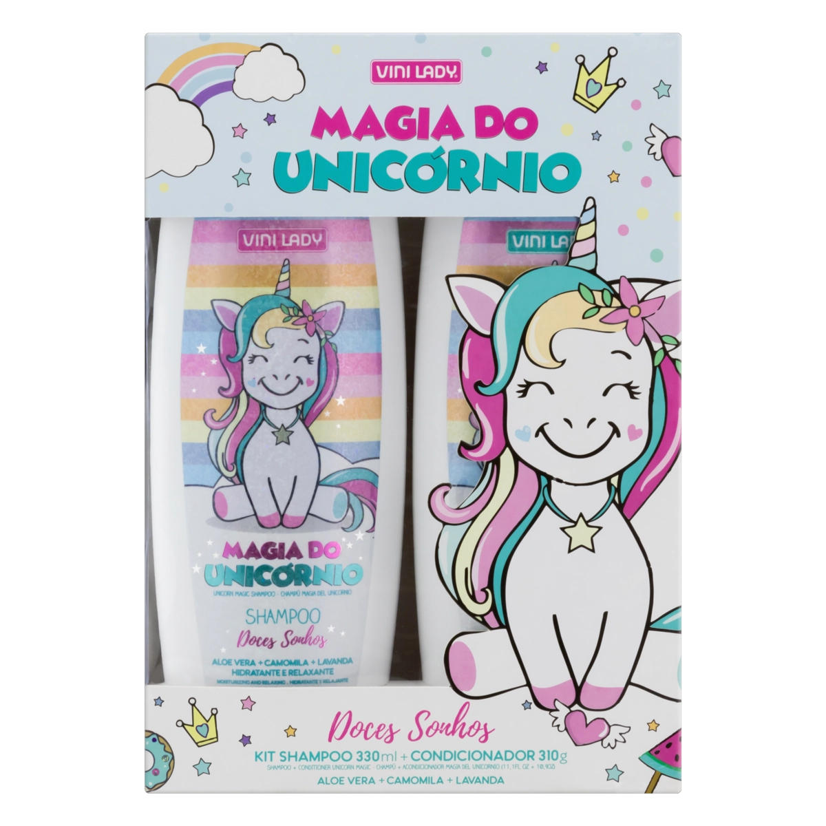 Kit Shampoo 330ml Condicionador 310g Doces Sonhos Vini Lady Kids Magia Do Unicórnio