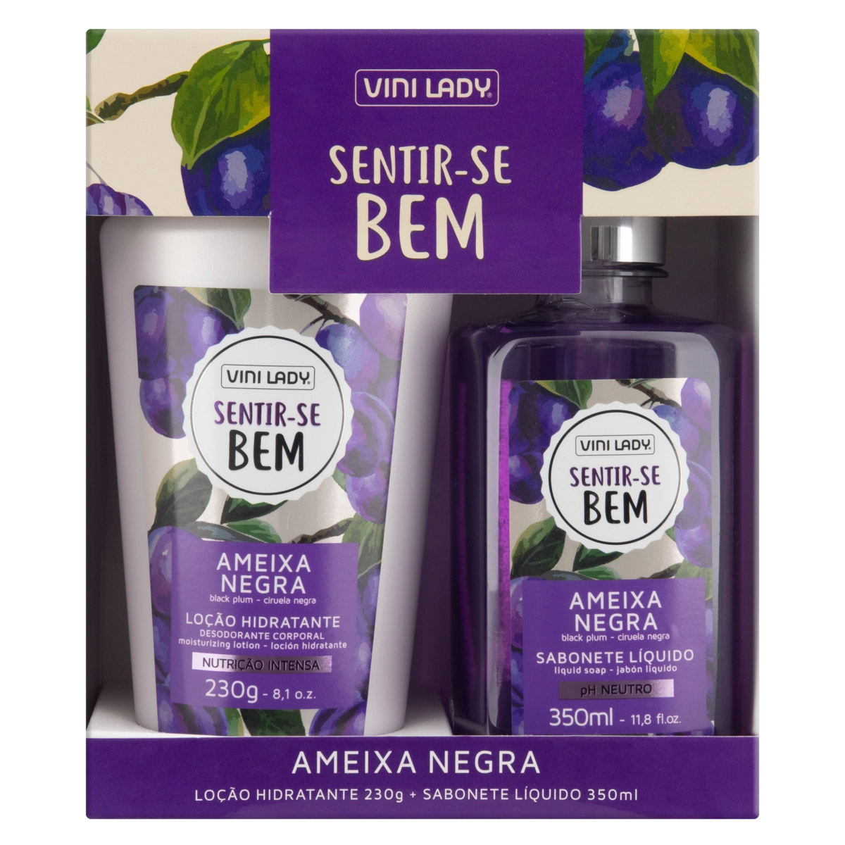 Kit Sabonete Líquido 350ml Loção Hidratante 230g Ameixa Negra Vini Lady Sentir Se Bem