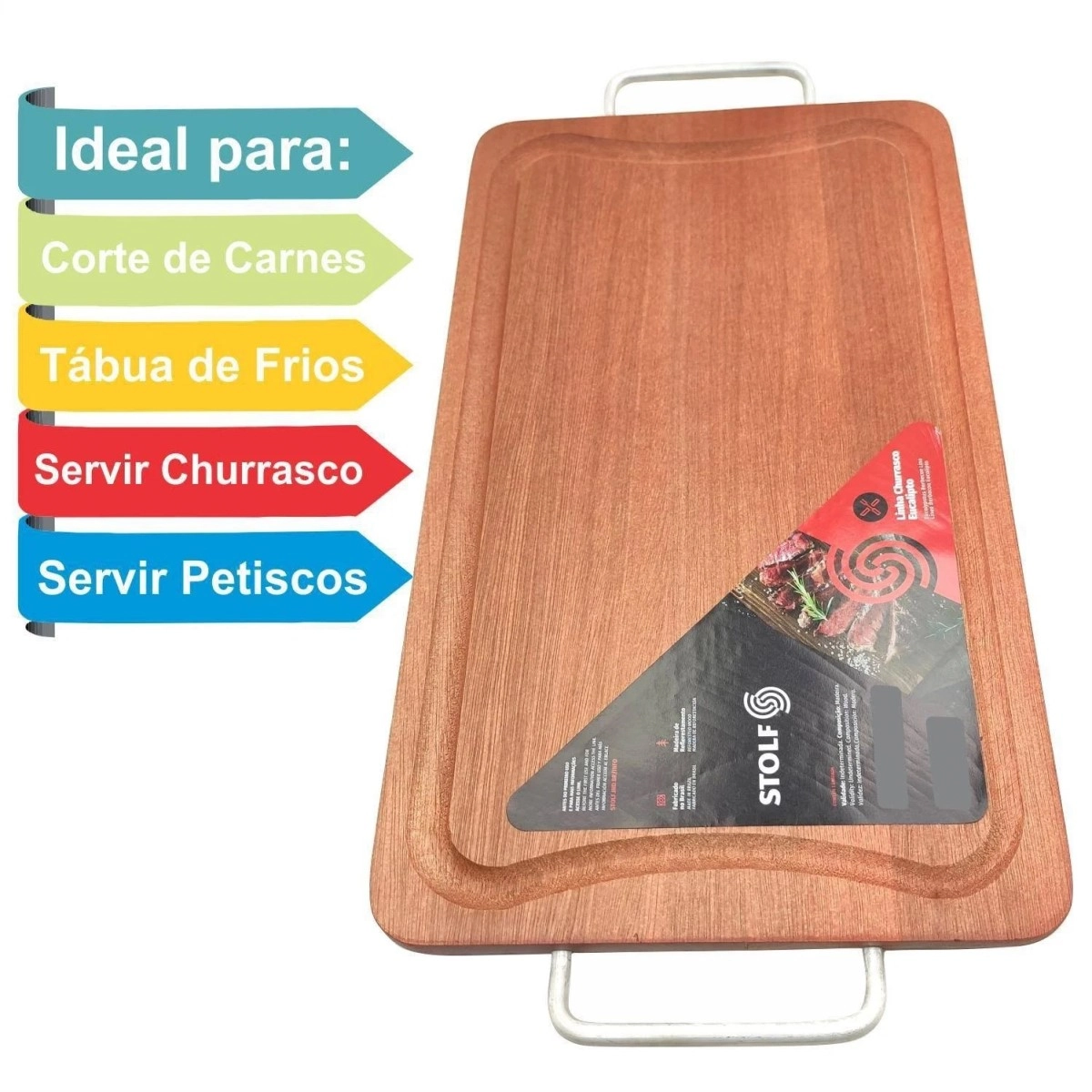 Kit Faca Inox Cabo De Madeira Prancha Retangular Madeira Com Borda Rebaixada Stolf Churrasco 44cm X