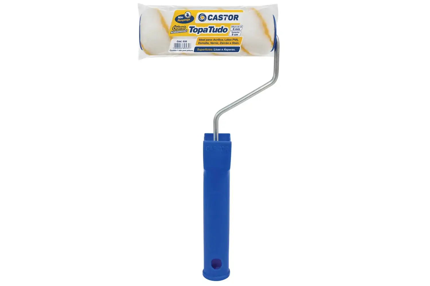 Rolo de Lã Poliéster Topa Tudinho Não Respinga 9cm com Cabo Azul E Branco