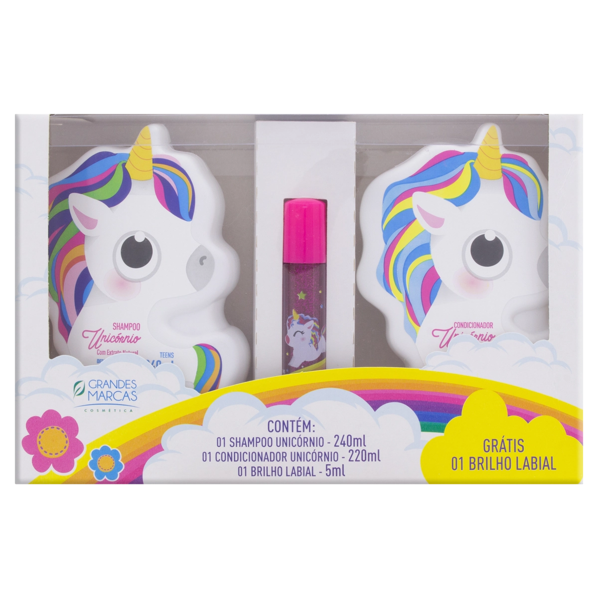 Kit Shampoo 240ml Condicionador 220ml Unicórnio Grandes Marcas Teens Grátis Brilho Labial 5ml