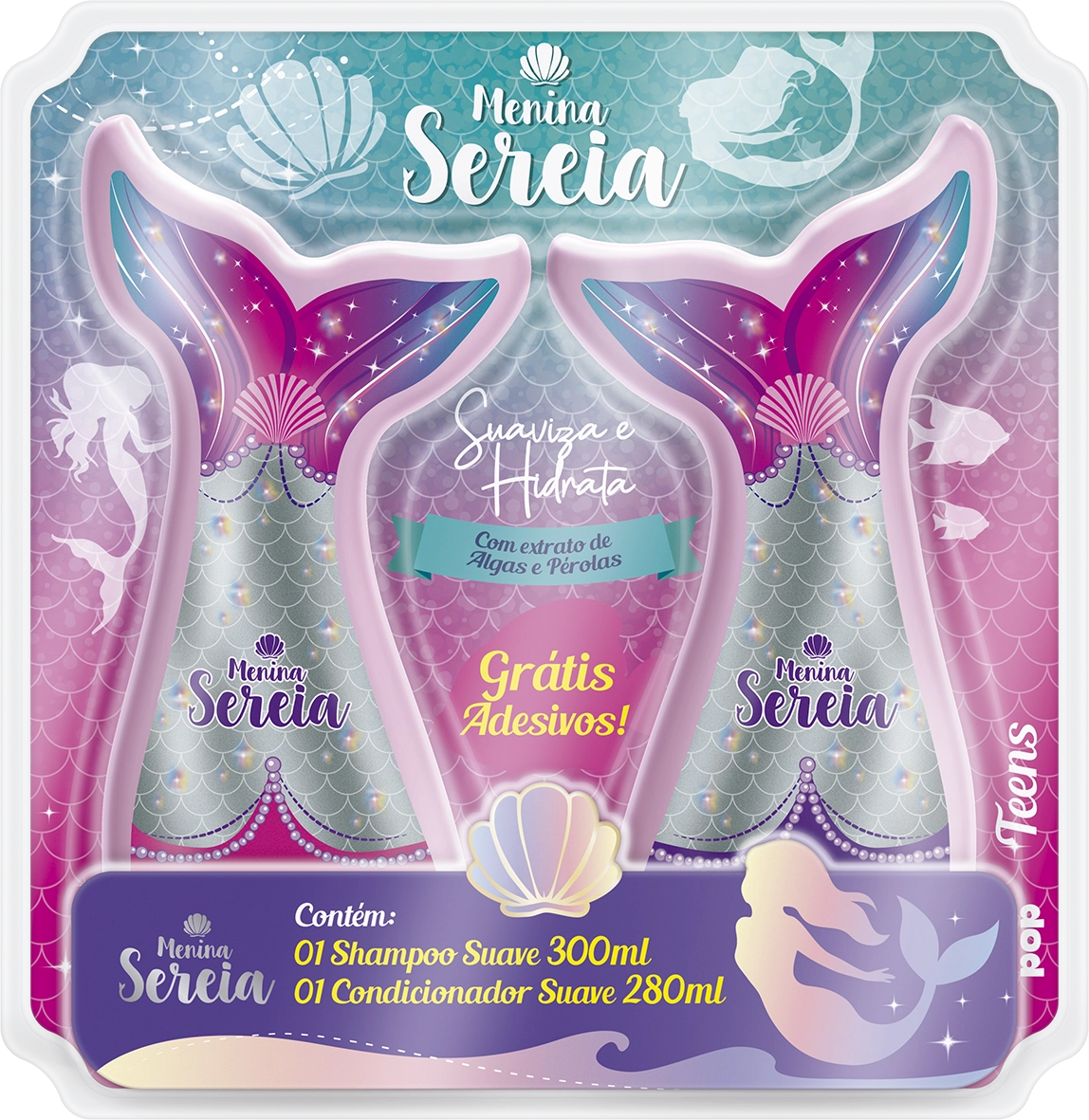 Kit.1sh.300ml 1cond.280ml Menina Sereia Adesivos Gts