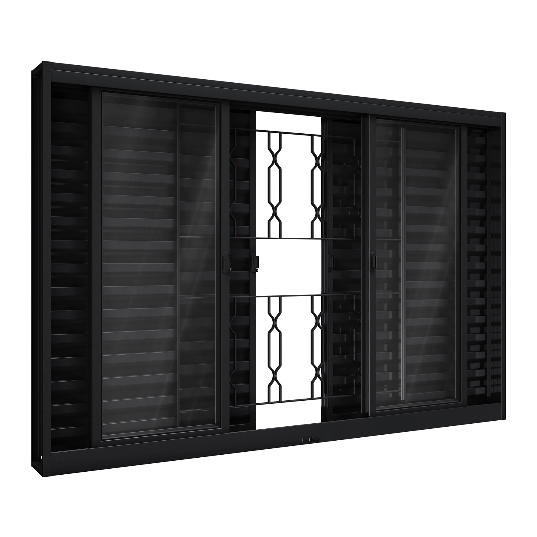 Janela de Correr 6 Folhas Aço Pintado Preto Aço Pronto Grade Elo com Vidro 100x120cm Riobras
