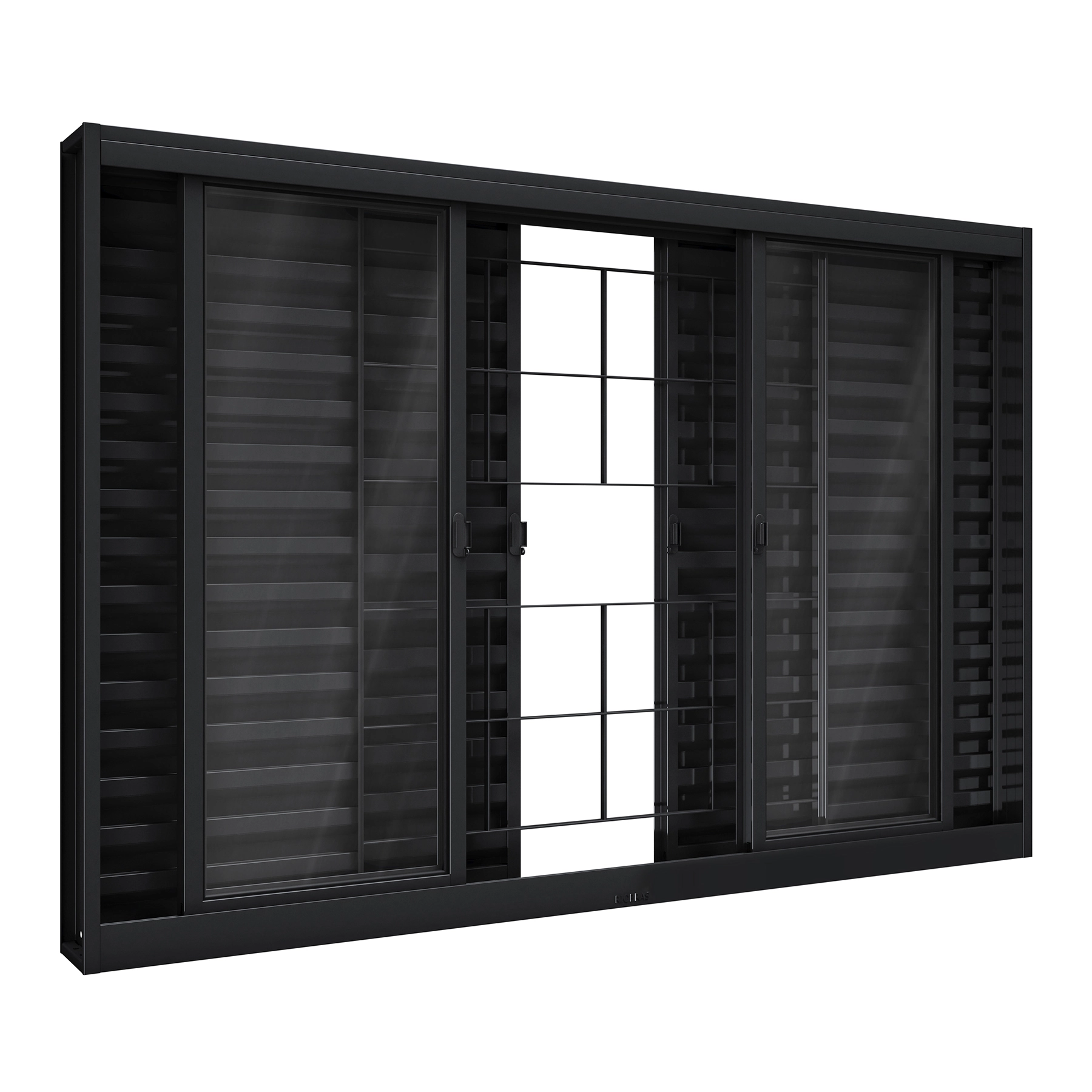 Janela de Correr 6 Folhas Aço Pintado Preto Aço Pronto Grade Quadrada com Vidro 100x150cm Riobras