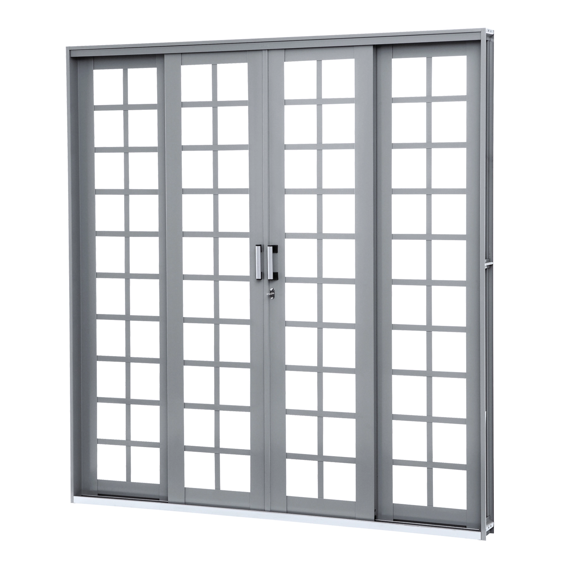 Porta de Correr 4 Folhas Aço Cru Cinza 2,13x2,00m Abertura Central Linha Lucasa Premium Lucasa