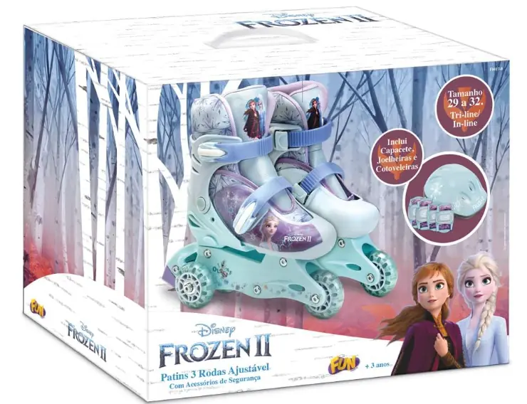 Patins Ajustável e Conjunto De Segurança - 3 Rodas - Disney - Frozen - 29/32 - Fun