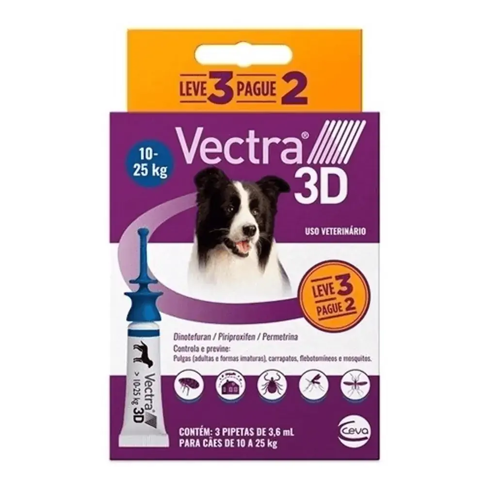 Antipulgas Vectra 3D 10 a 25kg Cães Ceva Leve 3 Pague 2