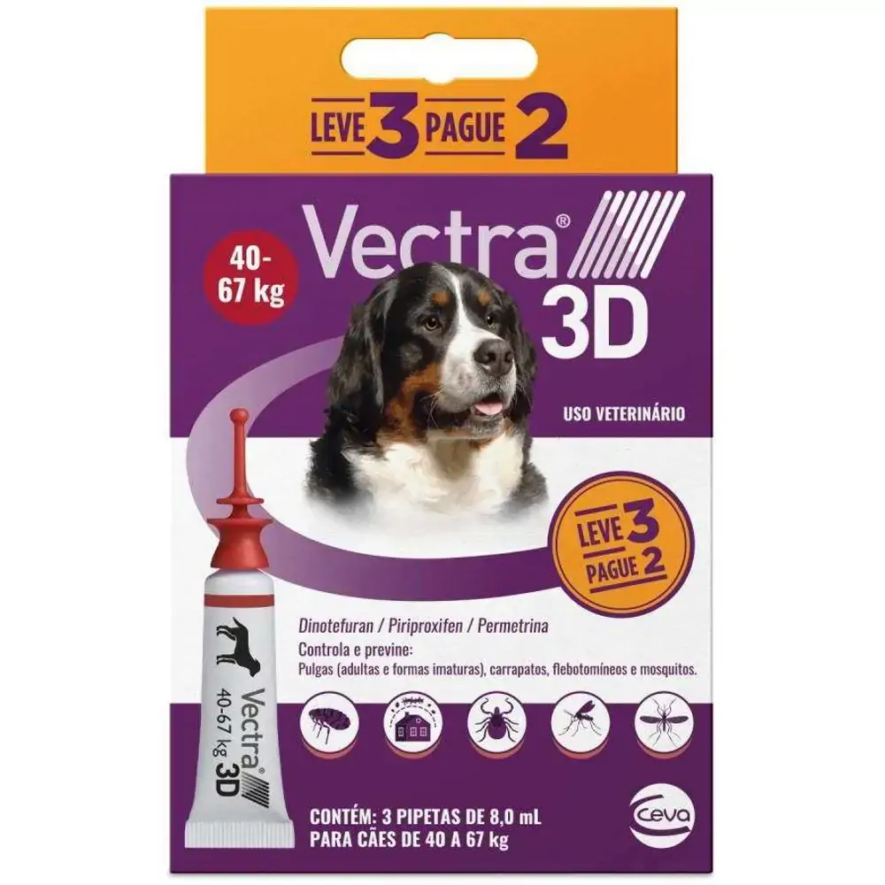 Vectra 3d Cães 40 A 67kg 3 Pipetas Anti-pulgas Ceva