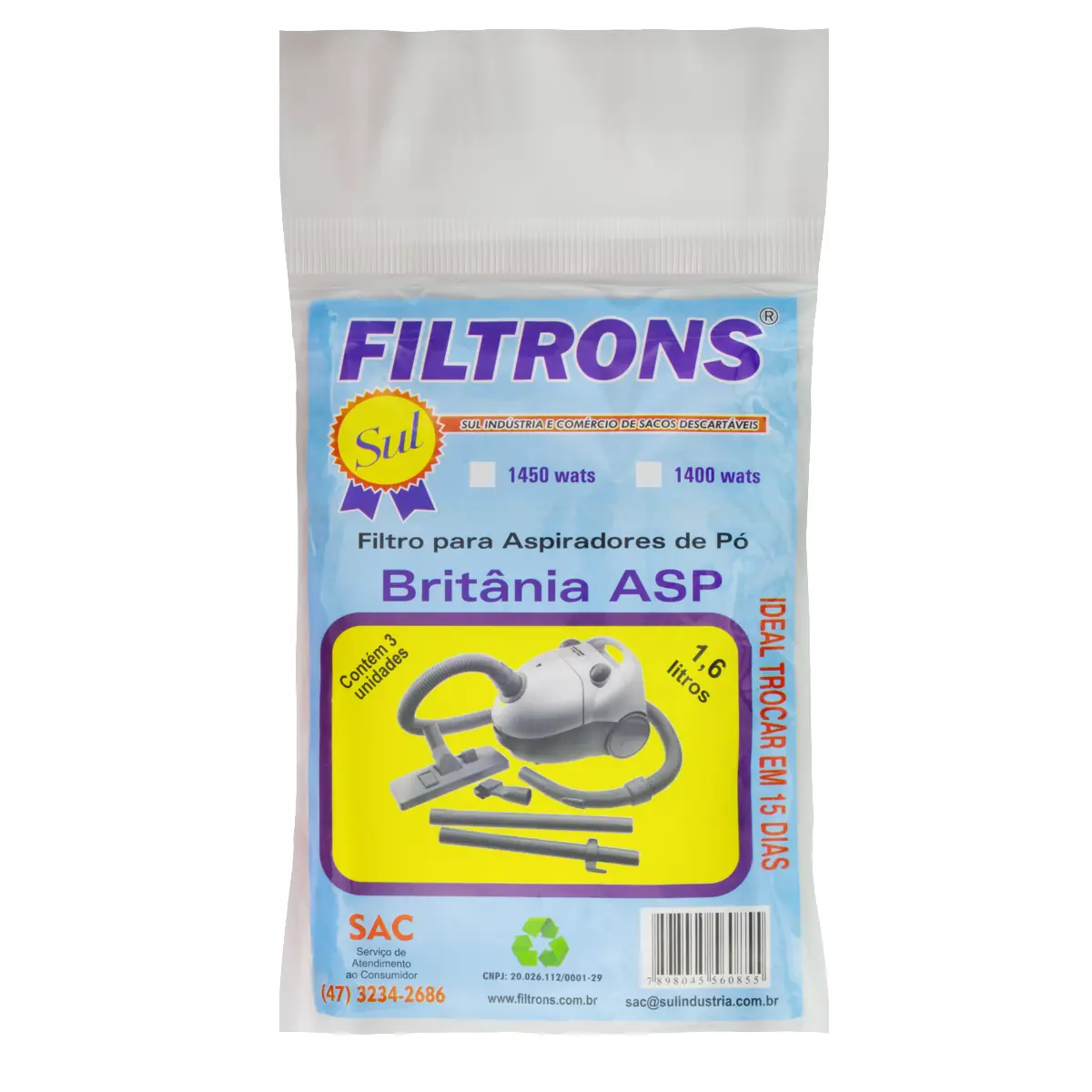 Filtro Para Aspirador De Pó Britânia Asp 1,6l Filtrons Pacote 3 Unidades