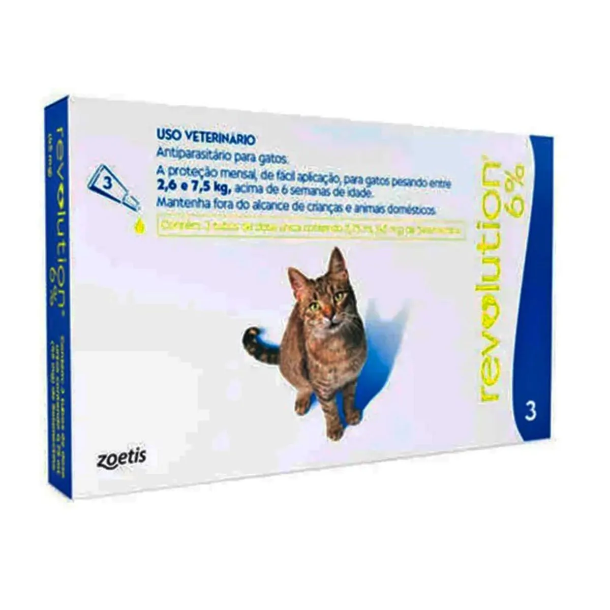 Antipulgas Revolution 6% Gatos de 2,6kg a 7,5kg Zoetis 45mg 3 Tubos