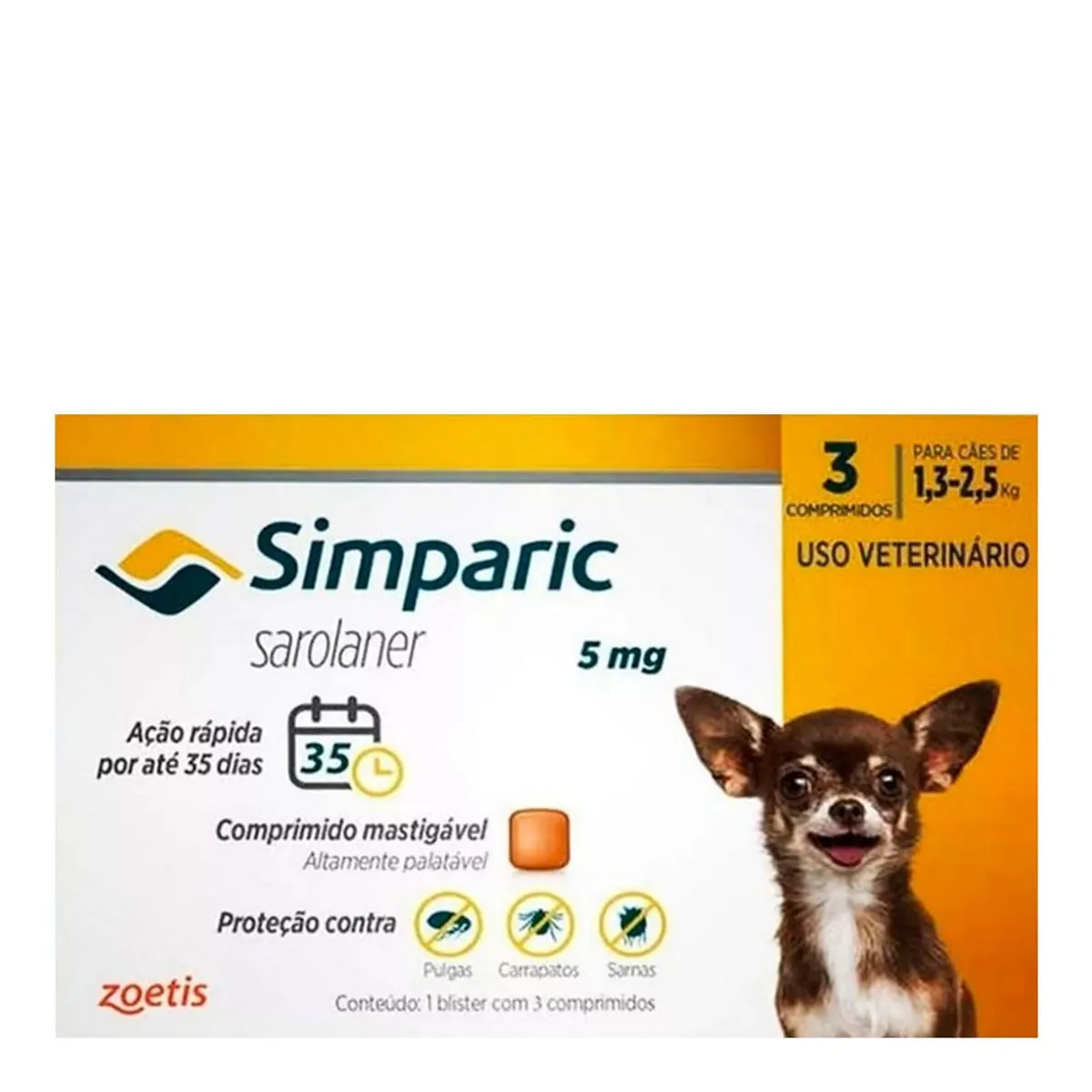 Antipulgas Cães Simparic 5mg 1,3 à 2,5kg Zoetis 3 Comprimidos