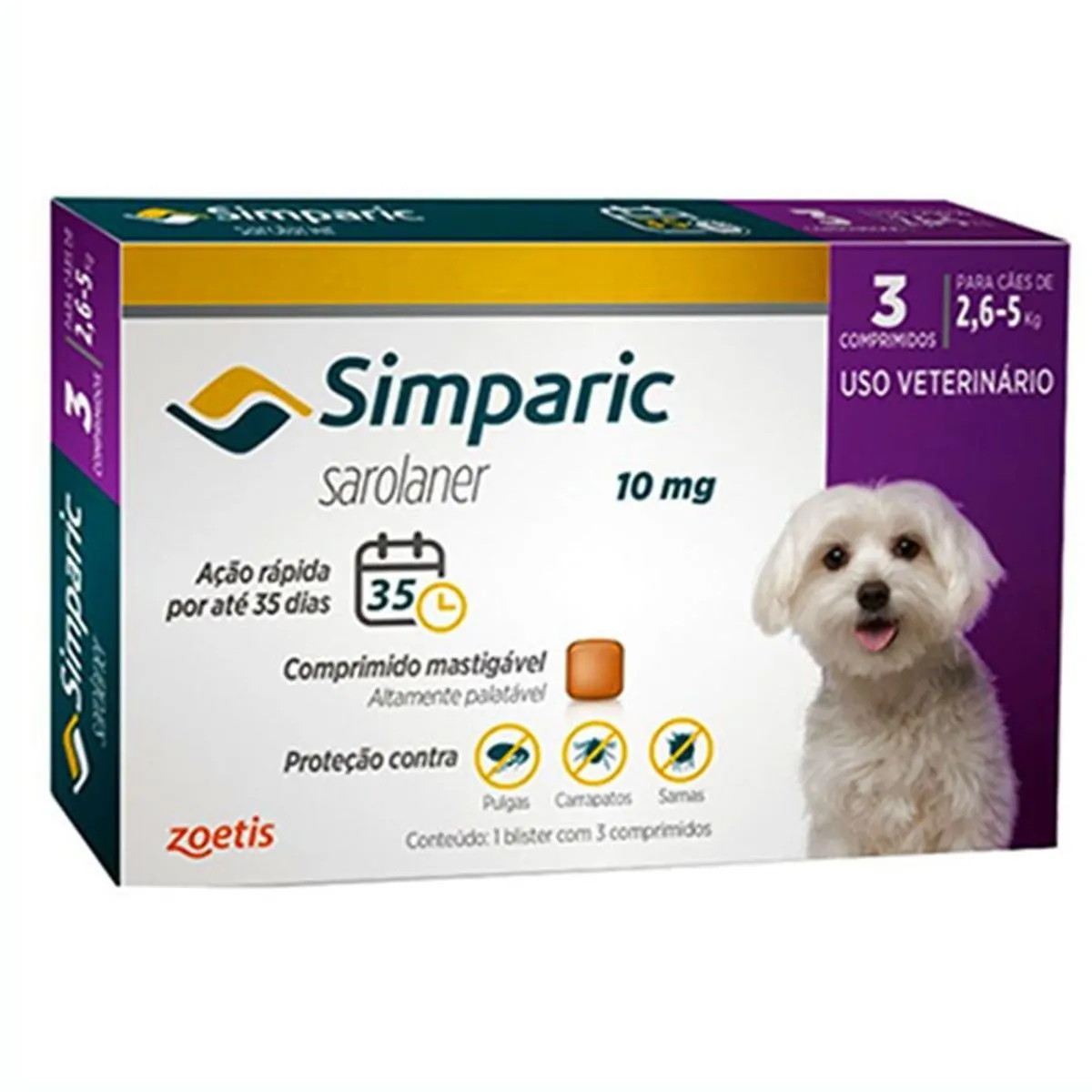 Antipulgas Cães Simparic 10mg 2,6 à 5kg Zoetis 3 Comprimidos